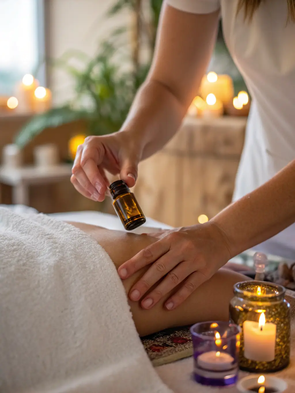 An inviting image of a Thai Oil massage session, showcasing the use of aromatic oils and stretching techniques on a comfortable massage bed.