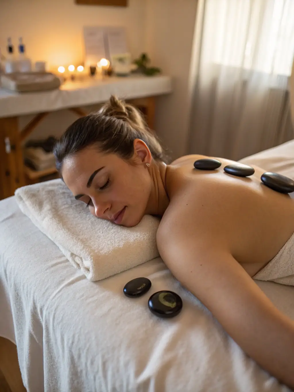 A calming image of hot stones being placed on a person's back during a Hot Stone massage, emphasizing warmth and relaxation.