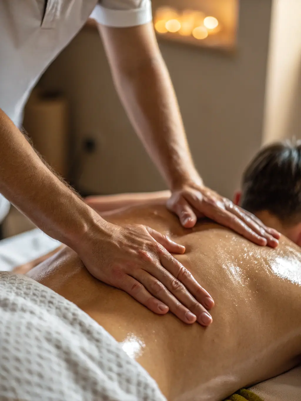 A focused image of a therapist applying deep tissue massage techniques to a client's back, highlighting the pressure and muscle engagement.